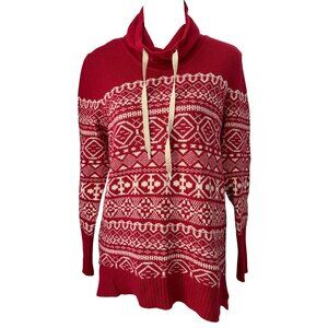 EDDIE BAUER Nordic Fair Isle Cowl Neck Red Cotton Wool Sweater Small